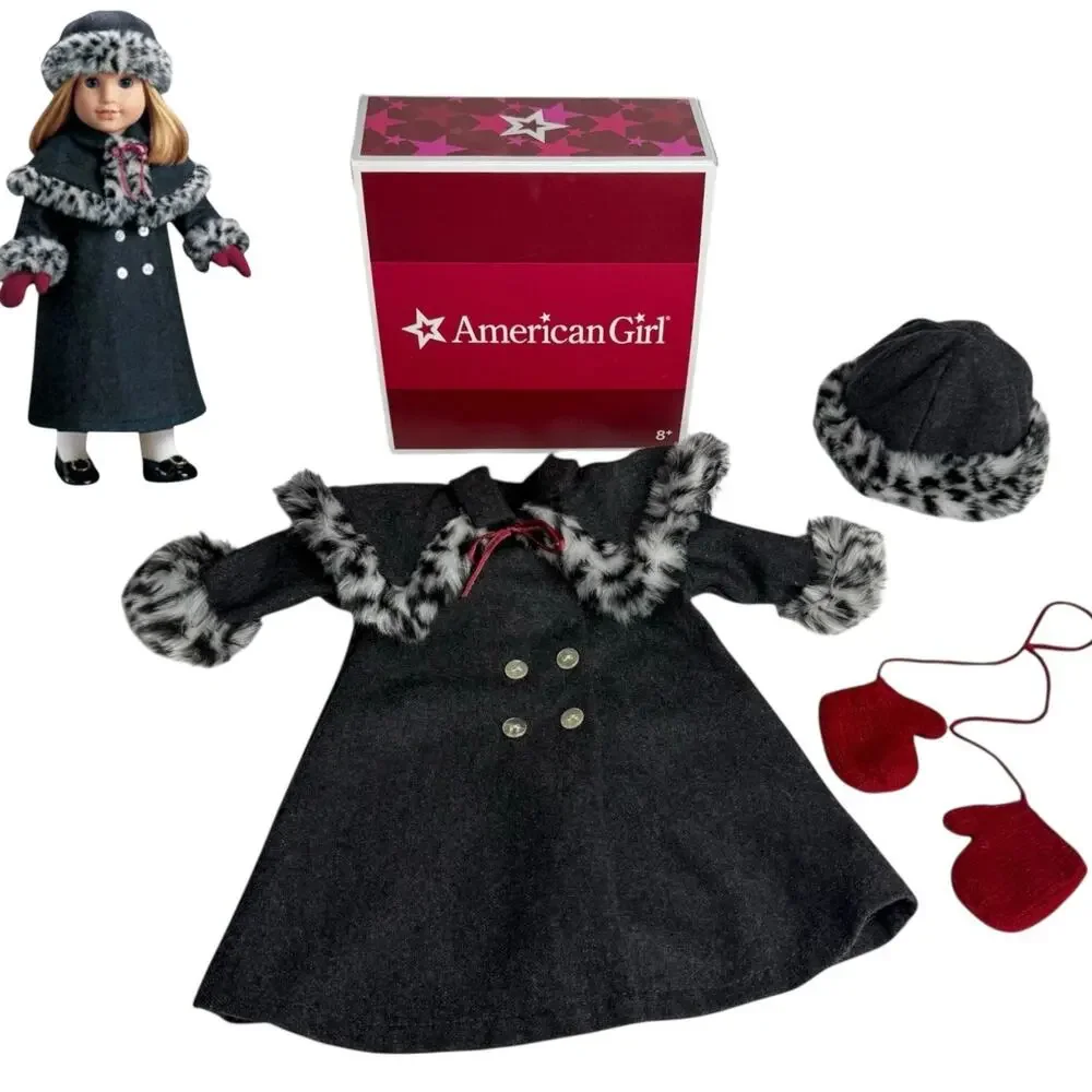 American Girl Doll Nellie Holiday Coat Hat & Mittens Faux Fur Animal Print Box